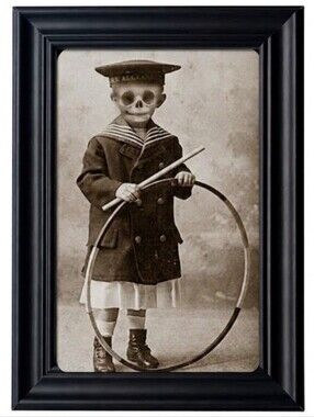 Victorian skeleton child skull head w devil horns vintage horror dark Halloween